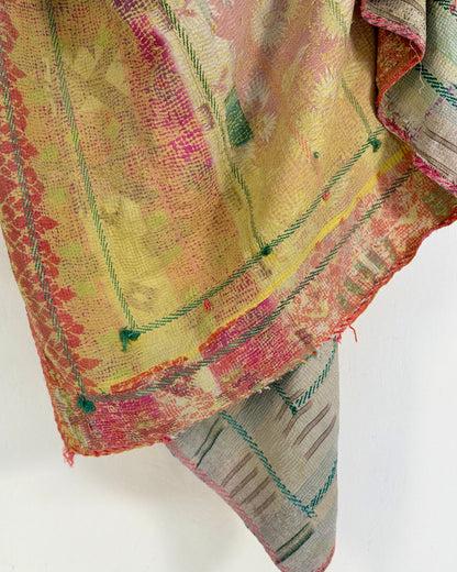 Large Textured Vintage Kantha Quilt In Soft Yellow, Green, Pink and Blue - Biggs & Hill