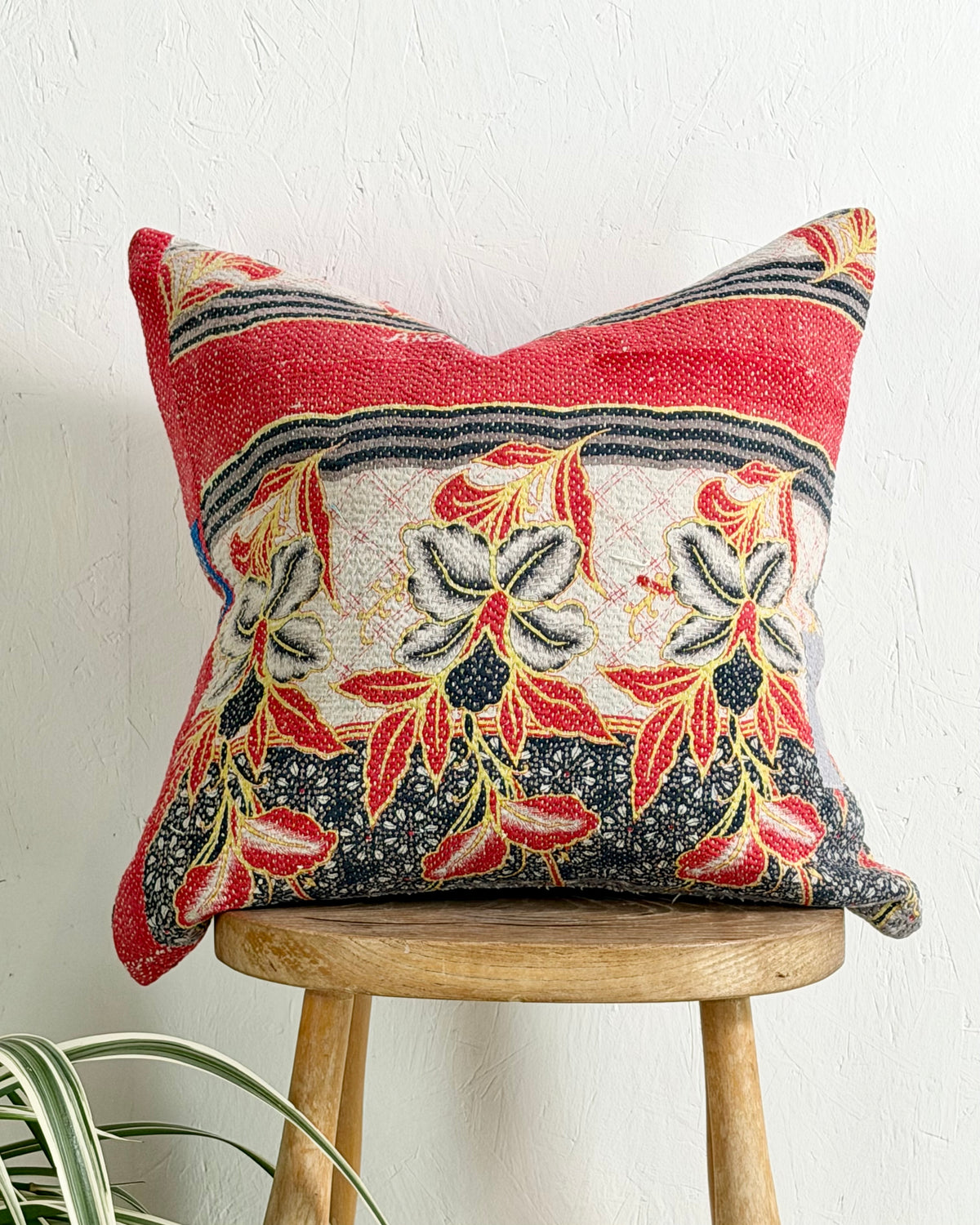 Handmade Vintage Kantha Cushion Cover In Red and Blue - 45cm (18") Square