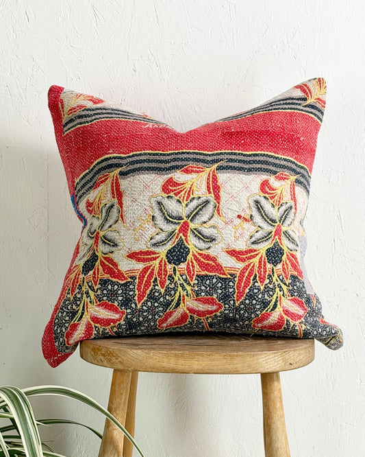 Handmade Vintage Kantha Cushion Cover In Red and Blue - 45cm (18") Square - Biggs & Hill