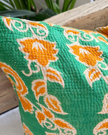 Vintage Kantha Cushion In Green and Orange- 45cm Square