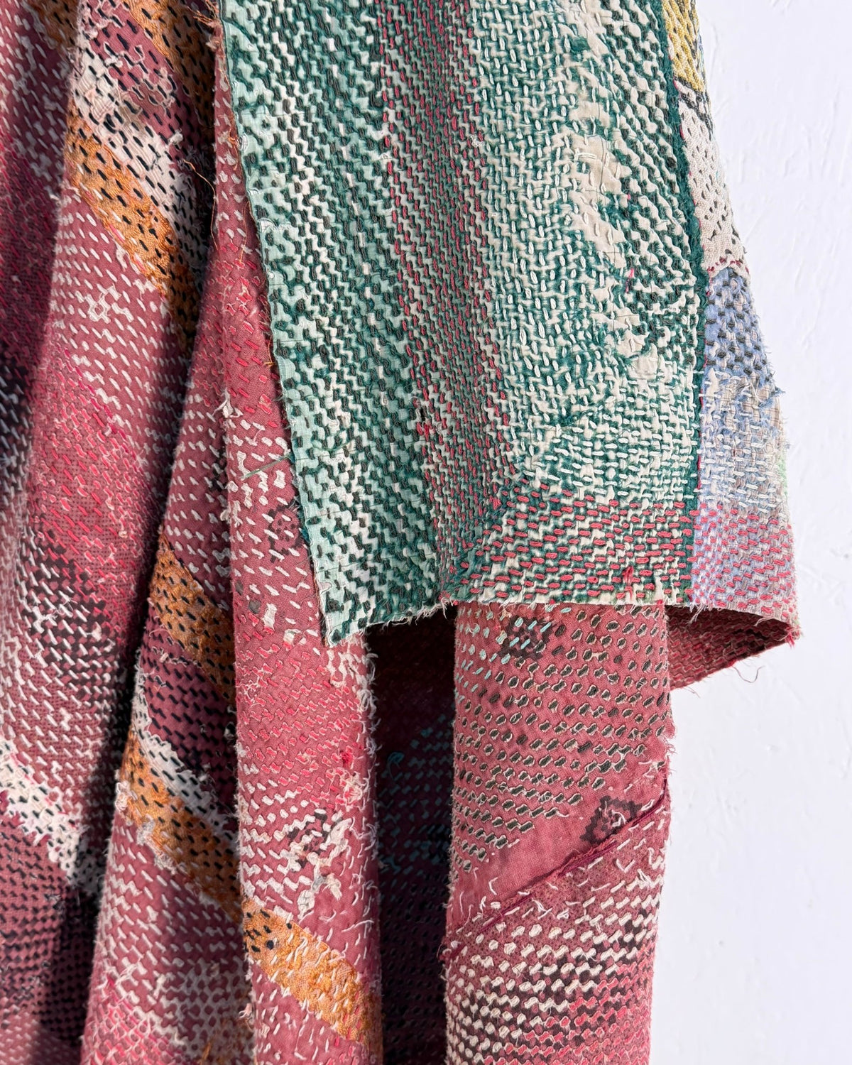 Large Textured Vintage Kantha Quilt In Pink Stripes and Moon Pattern - BED PICTURES - Biggs & Hill