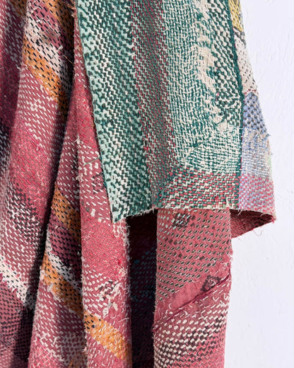 Large Textured Vintage Kantha Quilt In Pink Stripes and Moon Pattern - BED PICTURES - Biggs & Hill