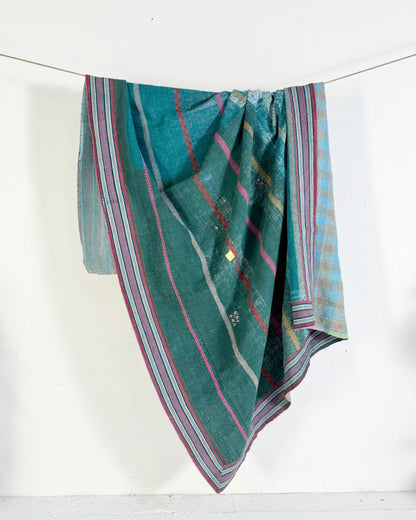 Extra Large Heavy Embroidered Vintage Kantha Quilt in Green and Blue