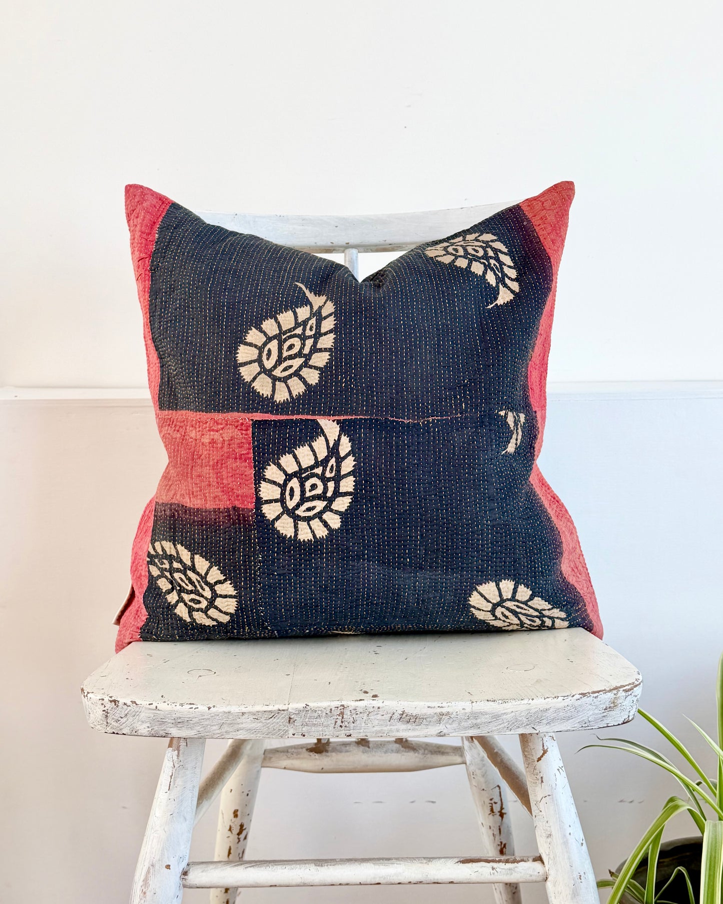 Vintage Kantha Cushion In Black and Red- 45cm Square