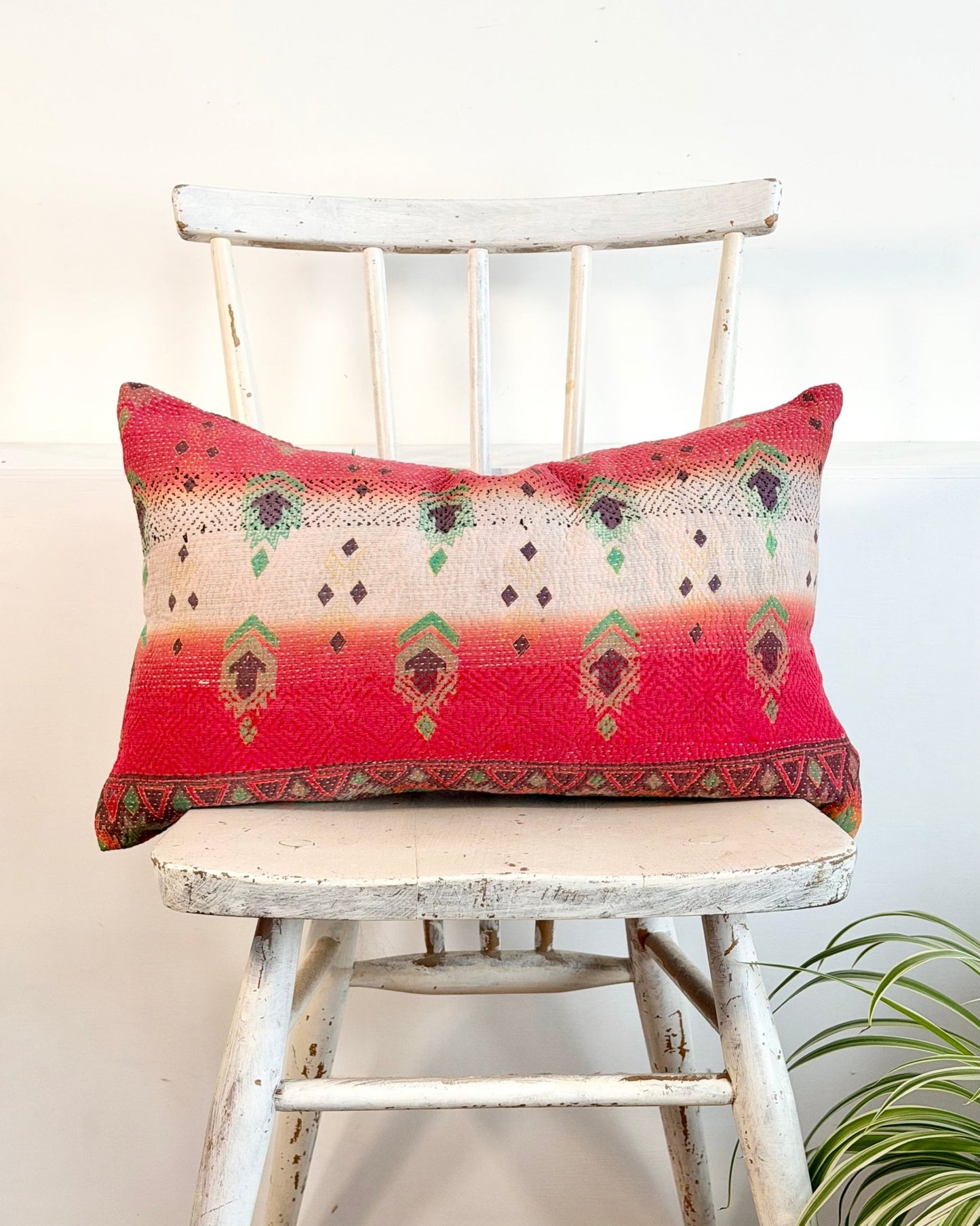 Vintage Kantha Cushion In Geometric Pink and Purple - Small Rectangular - Biggs & Hill