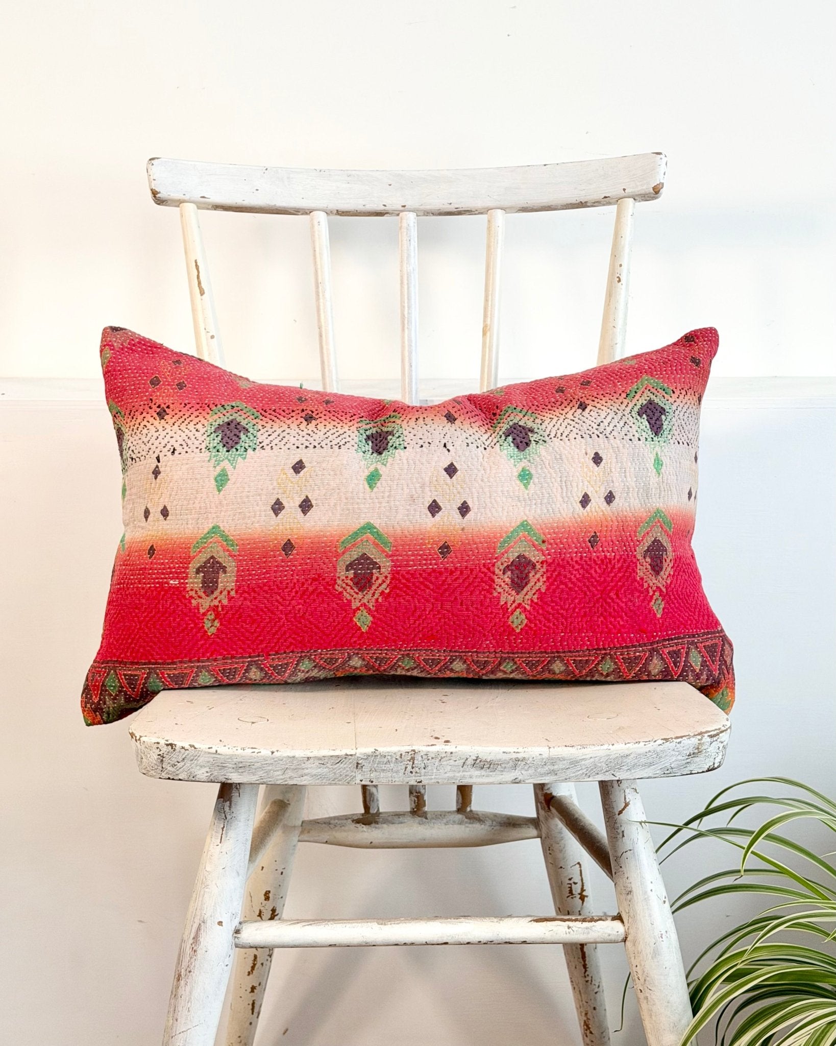 Vintage Kantha Cushion In Geometric Pink and Purple - Small Rectangular - Biggs & Hill