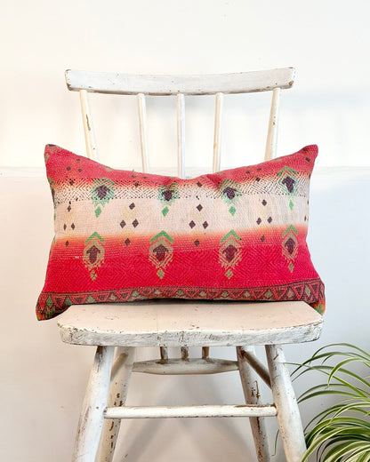 Vintage Kantha Cushion In Geometric Pink and Purple - Small Rectangular - Biggs & Hill