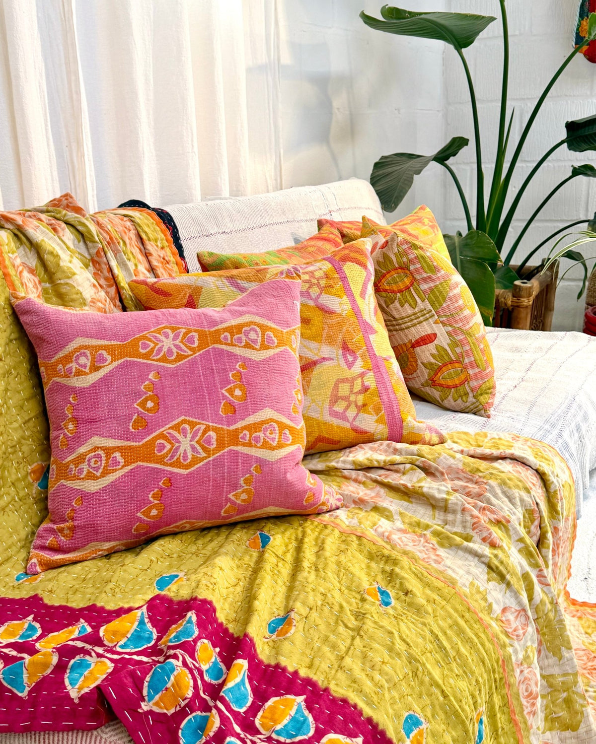Handmade Reversible Vintage Kantha Cushion Cover In Green and Yellow - 45cm (18") - Biggs & Hill