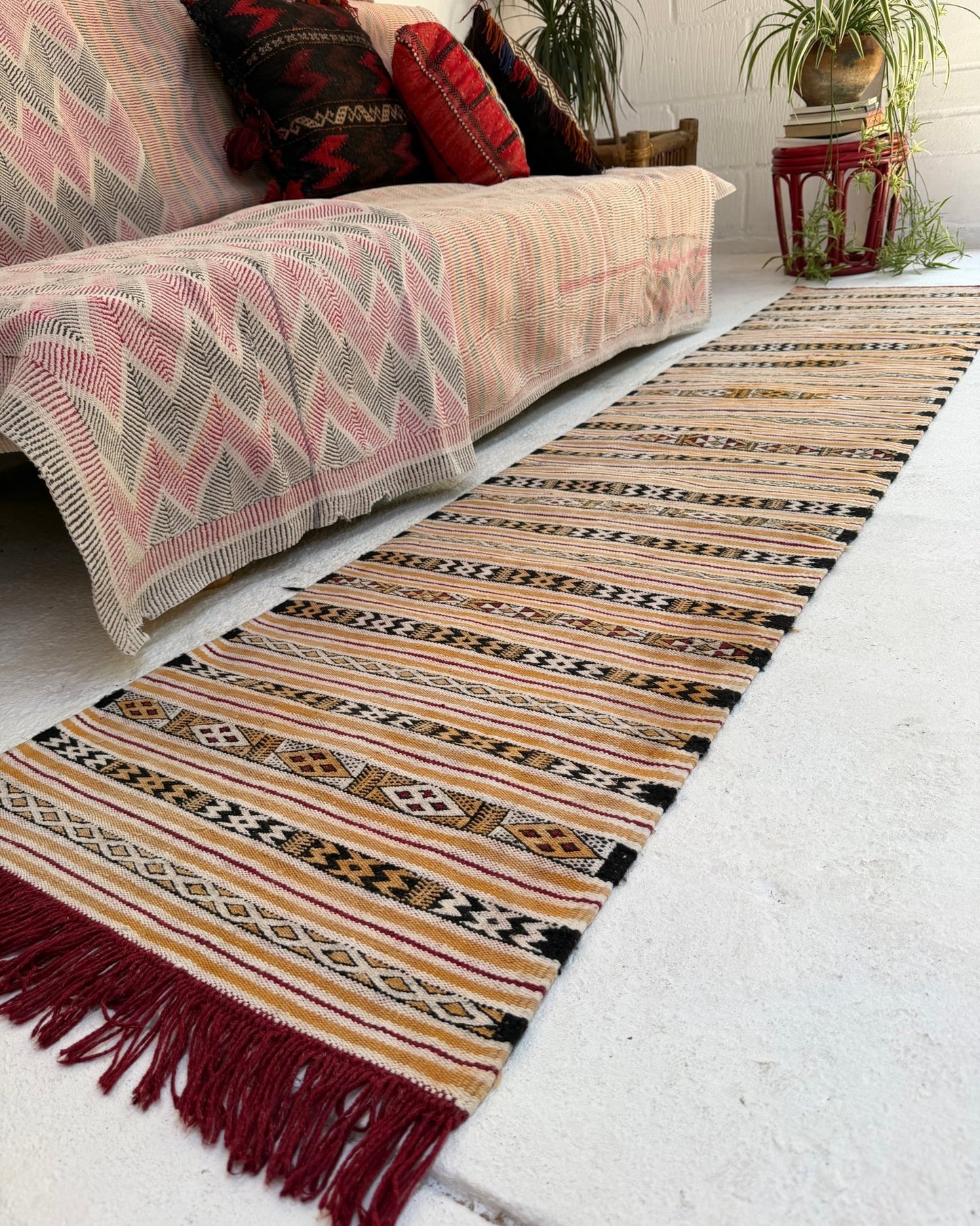 White and Yellow Vintage Turkish Cotton Kilim Runner - Biggs & Hill