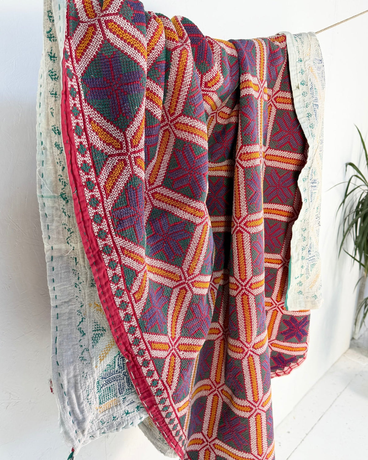 Heavy Vintage Galicha Kantha Quilt In Blue and Red - Biggs & Hill