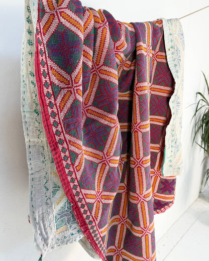 Heavy Vintage Galicha Kantha Quilt In Blue and Red - Biggs & Hill