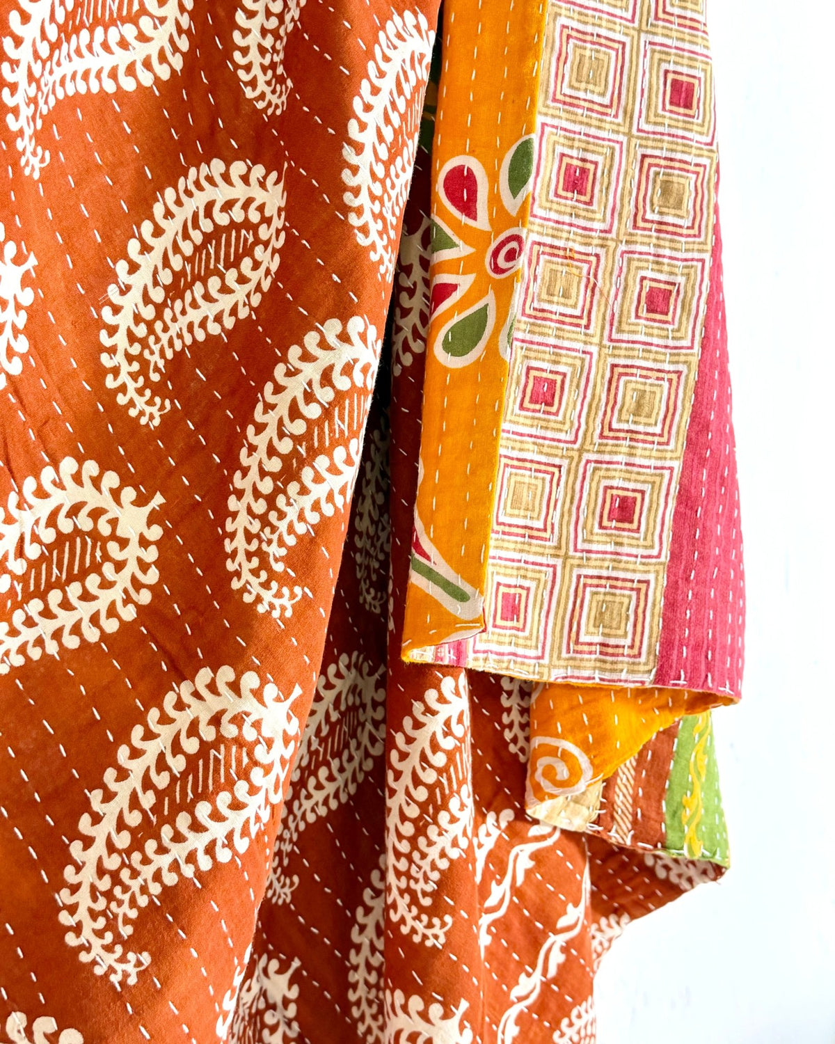 Vintage Cotton Kantha Quilt In Orange, Terracotta and Green 09 - Biggs & Hill