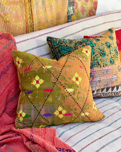 Vintage Kantha Cushion Cover In Textured Orange and Green - 50cm Square