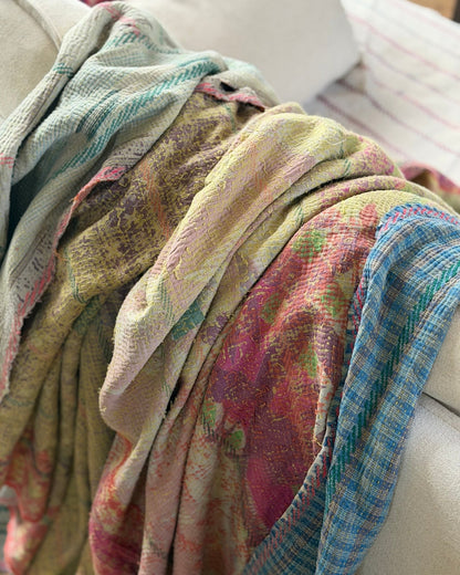 Large Textured Vintage Kantha Quilt In Soft Yellow, Green, Pink and Blue - Biggs & Hill
