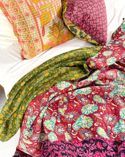 Large Fine Stitched Vintage Kantha Quilt in Bright Pink and Green - Biggs & Hill