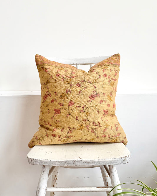 Vintage Kantha Cushion With Yellow Flowers - 45cm Square