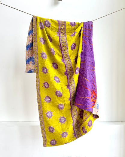 Vintage Cotton Kantha Quilt In Purple and Yellow #41