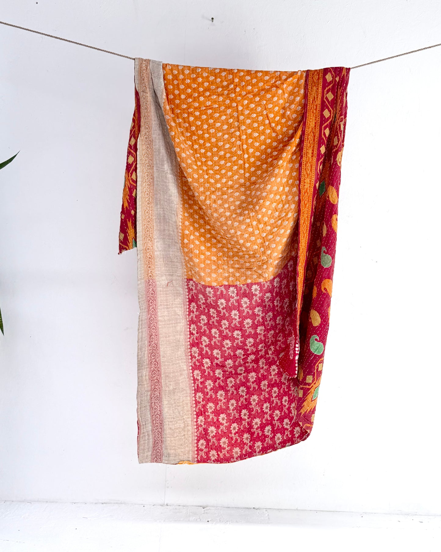 Vintage Cotton Kantha Quilt In Yellow and Pink #49