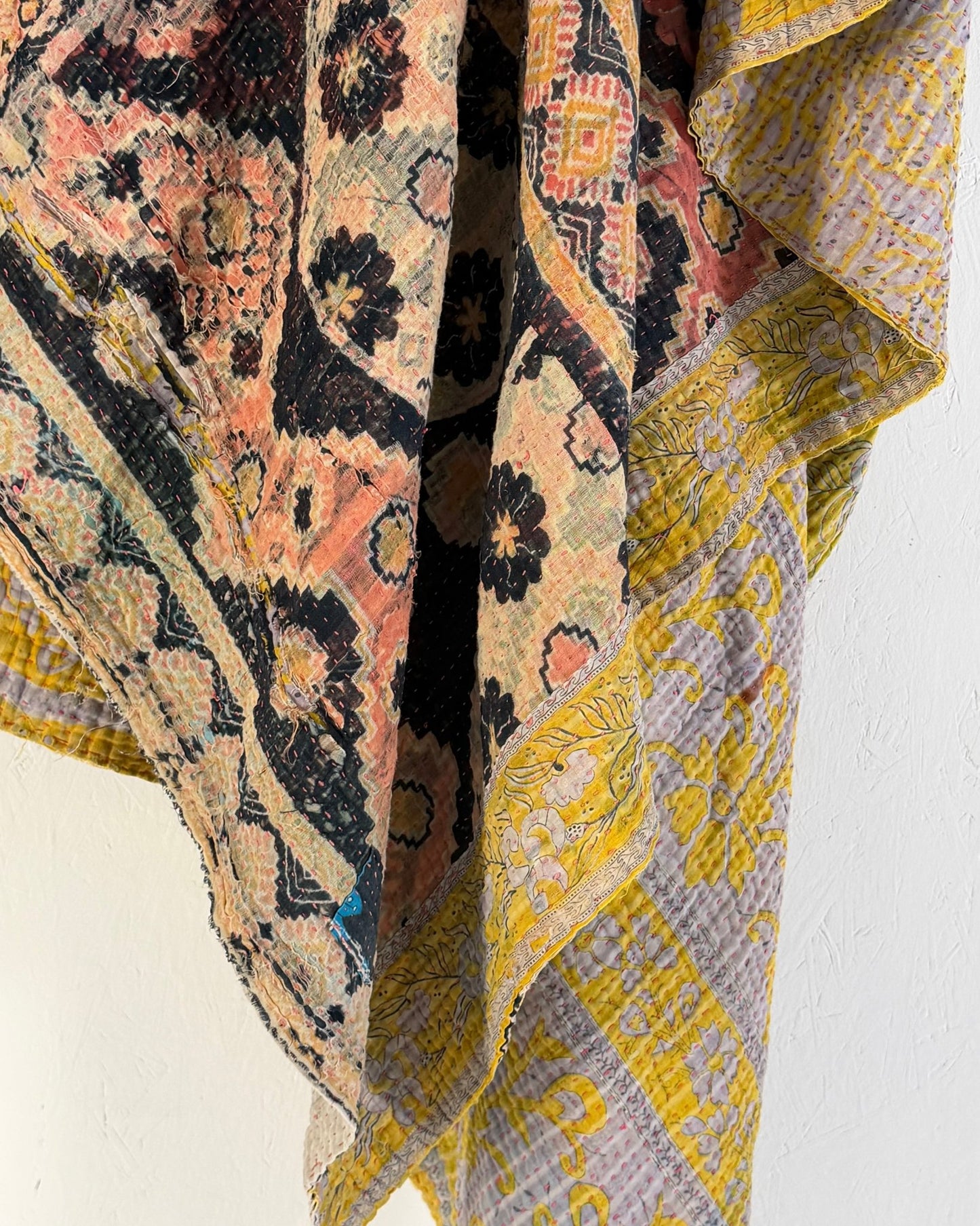 Large Textured Vintage Kantha Quilt In Geometric Peach and Black - Biggs & Hill