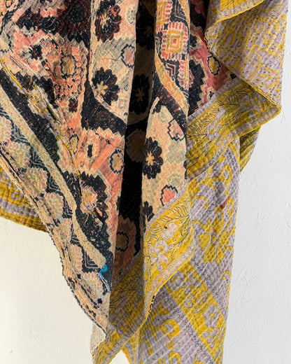 Large Textured Vintage Kantha Quilt In Geometric Peach and Black - Biggs & Hill