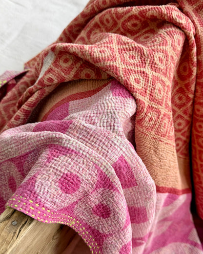 Large Fine Stitched Vintage Kantha Quilt With Pink Squares - Biggs & Hill