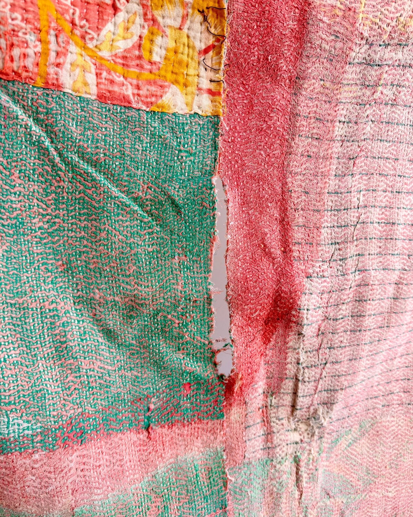 Project Kantha Quilt: Pink and Green With Authentic Aged Texture - Biggs & Hill