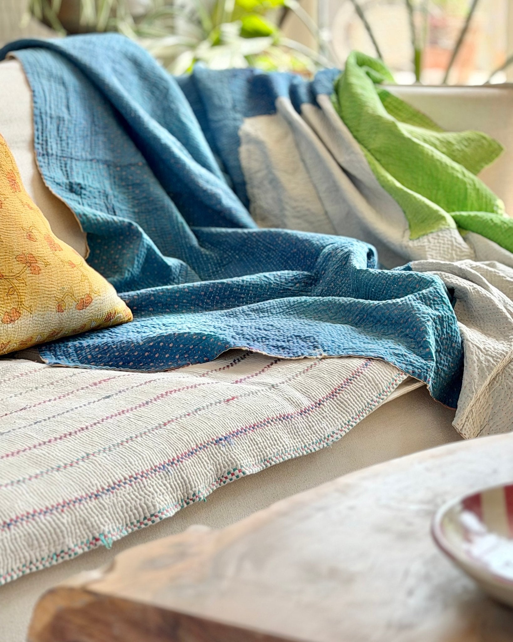 Fine Stitched Vintage Kantha Quilt in Patchwork Blue, White and Green - Biggs & Hill