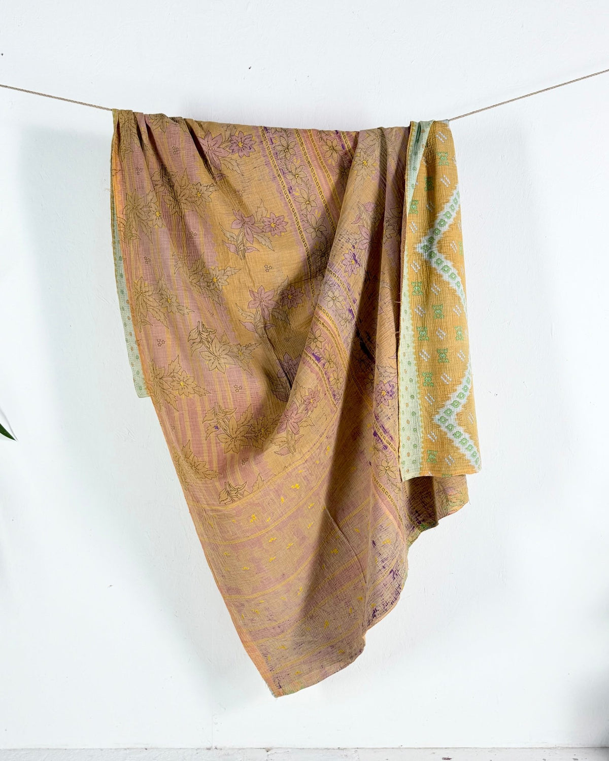 Extra Large Fine Stitched Vintage Kantha Quilt in Geometric Yellow and Green - Biggs & Hill