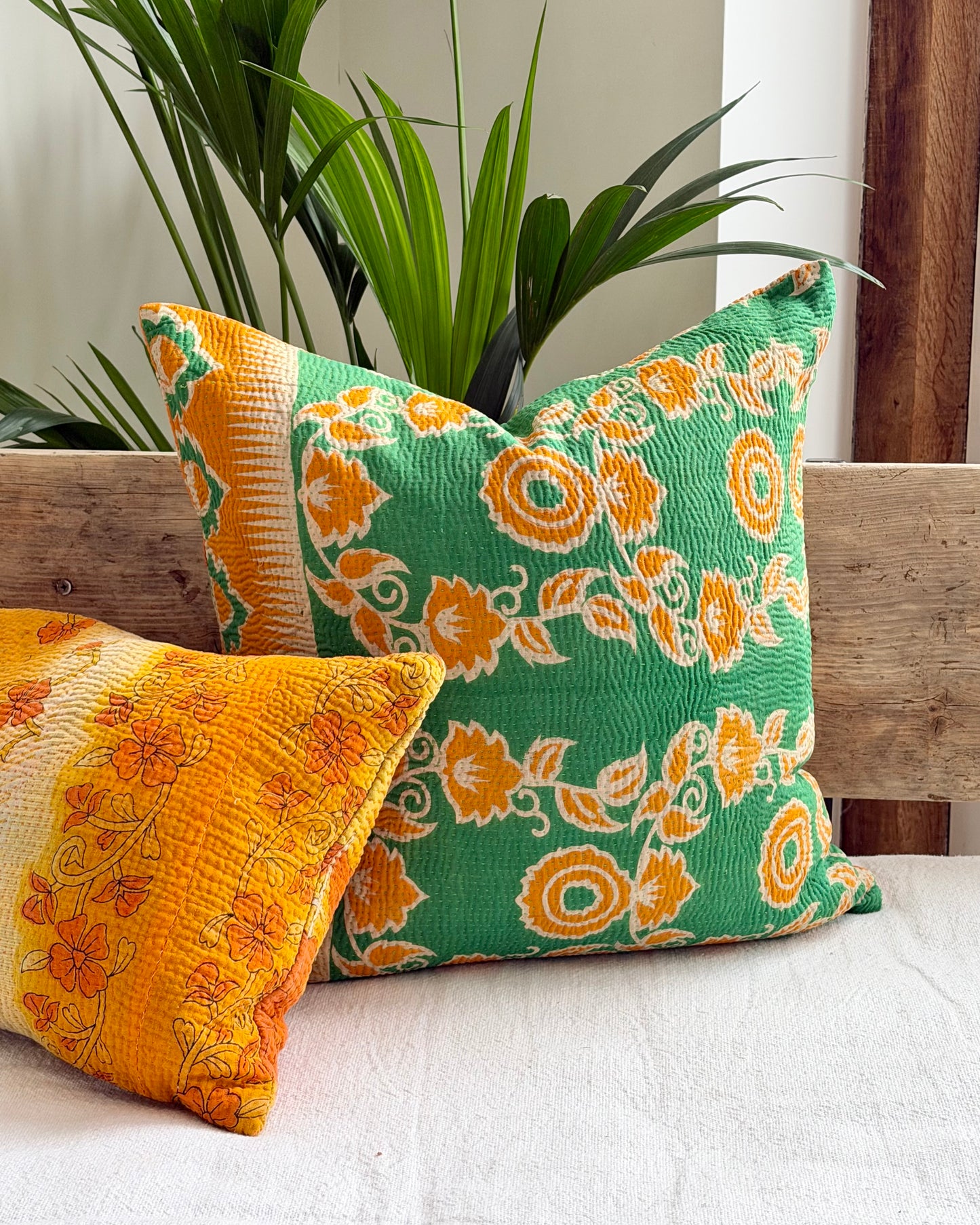 Vintage Kantha Cushion In Green and Orange- 45cm Square