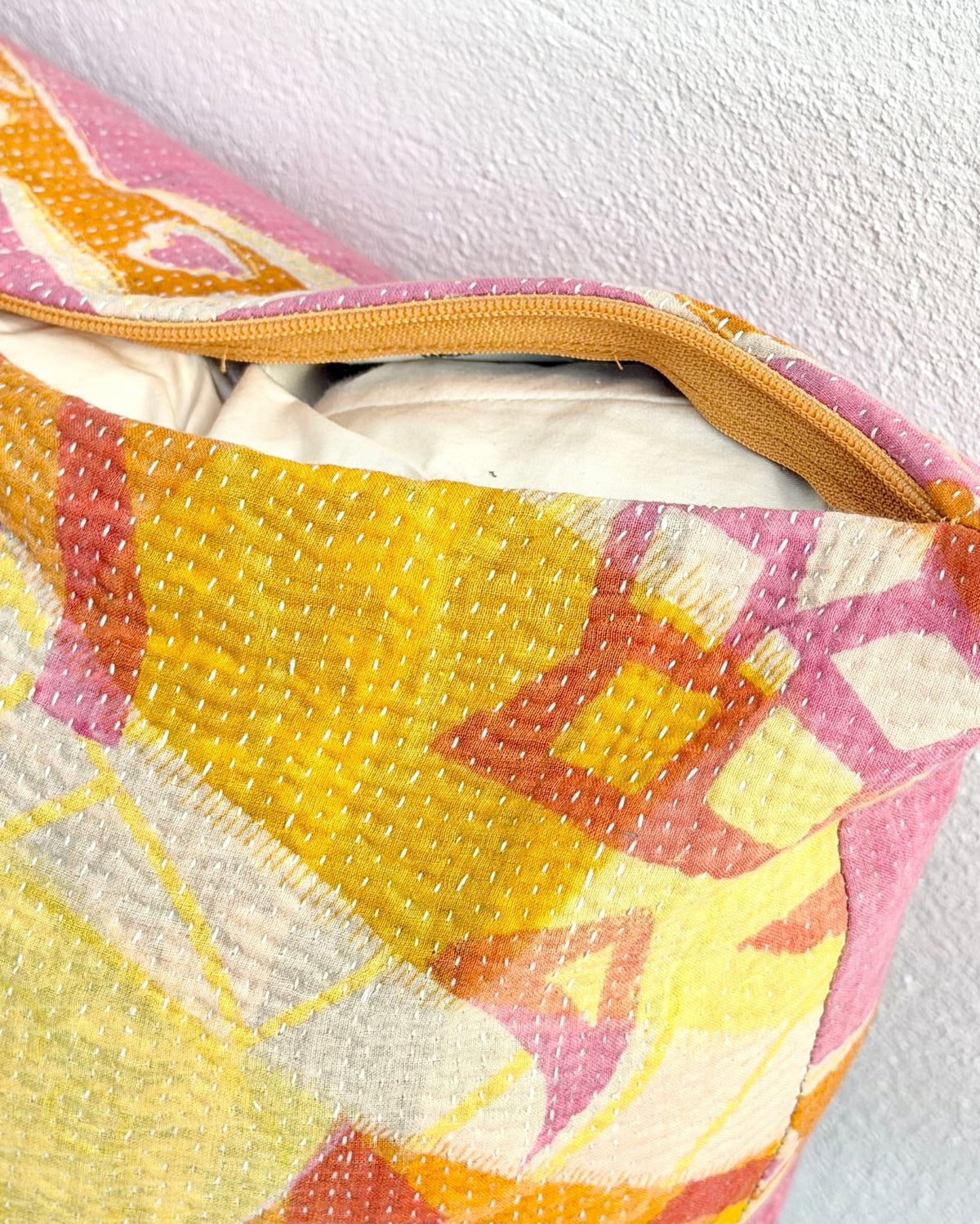 Handmade Reversible Vintage Kantha Cushion Cover In Pink and Yellow - 45cm (18") - Biggs & Hill