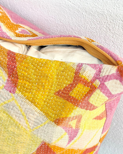 Handmade Reversible Vintage Kantha Cushion Cover In Pink and Yellow - 45cm (18") - Biggs & Hill