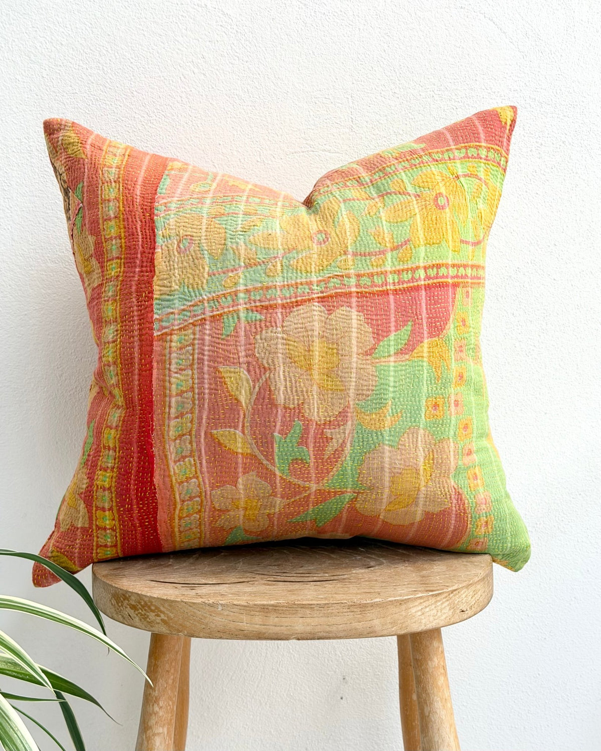 Handmade Reversible Vintage Kantha Cushion Cover In Green and Yellow - 45cm (18") - Biggs & Hill