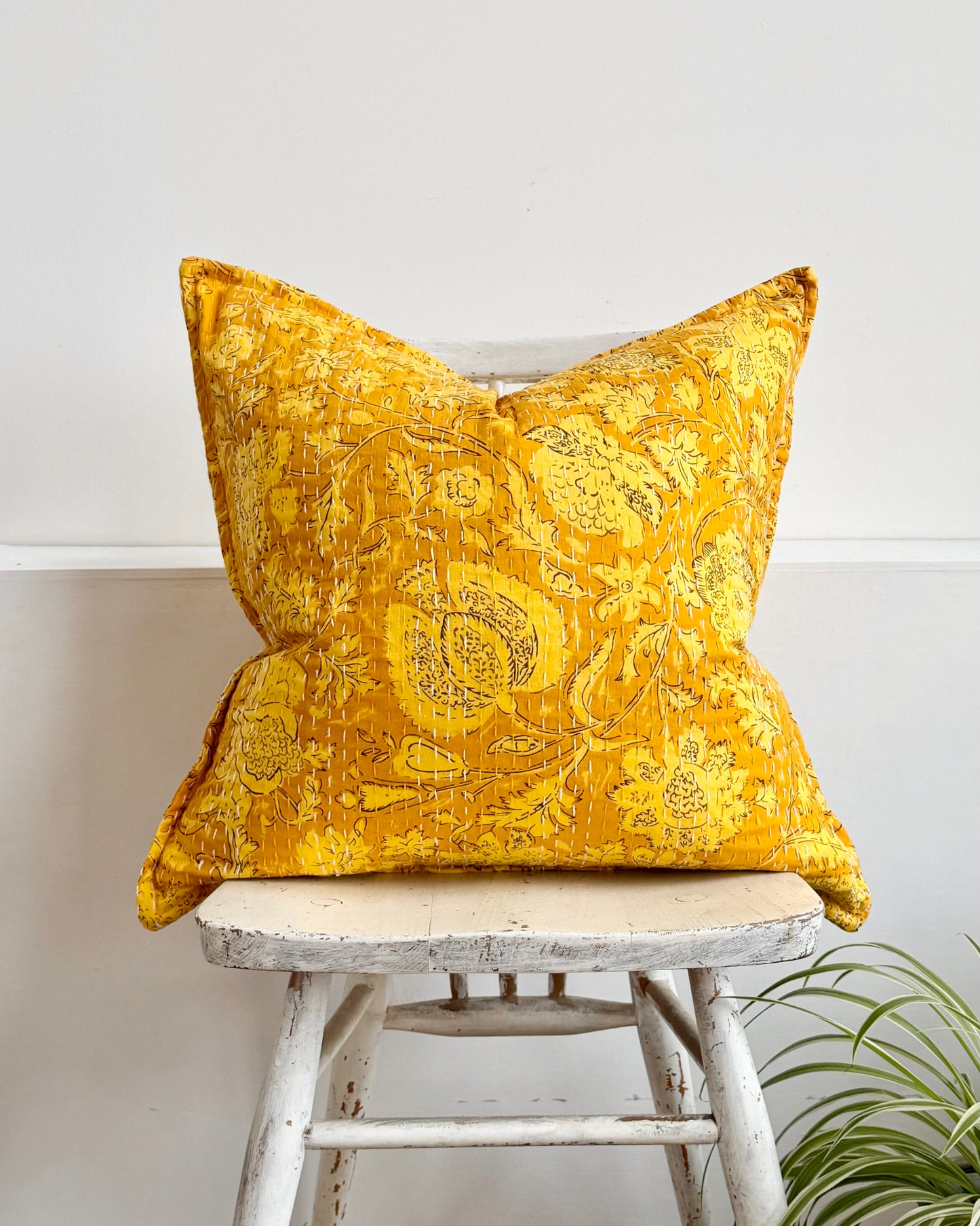Sunshine Yellow Floral Block Printed Hand Stitched Square Kantha Cushion