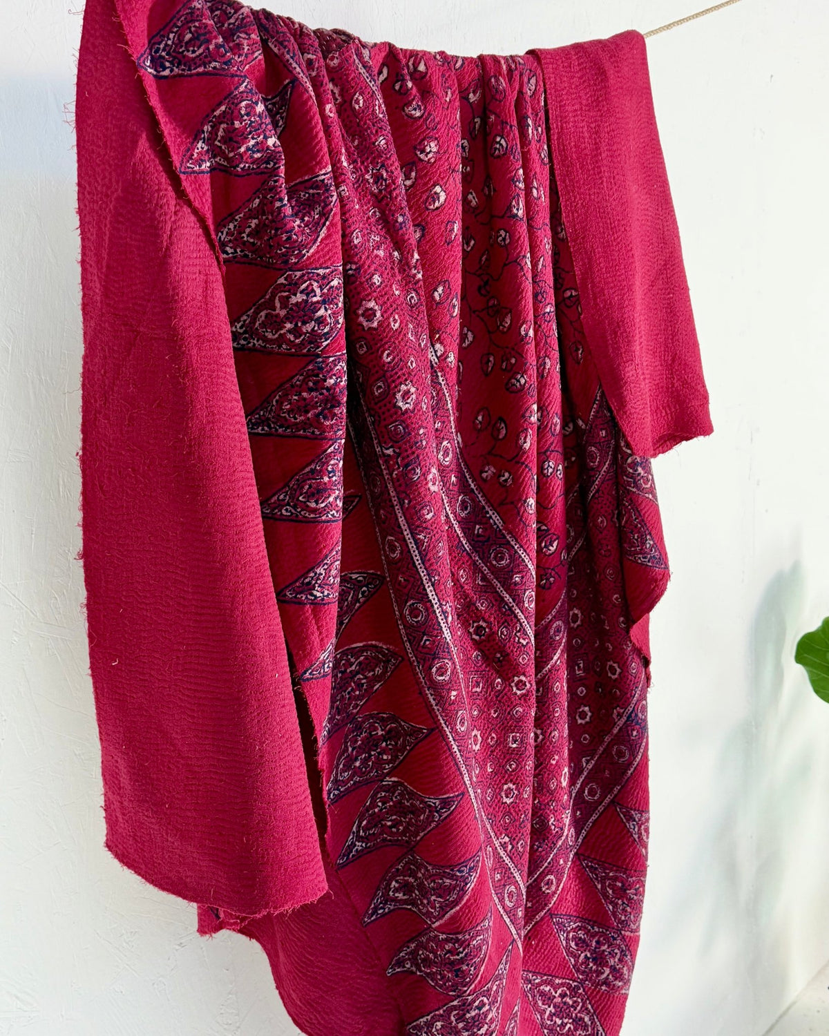 Ajrakh Printed Vintage Kantha Quilt in Deep Red - Biggs & Hill