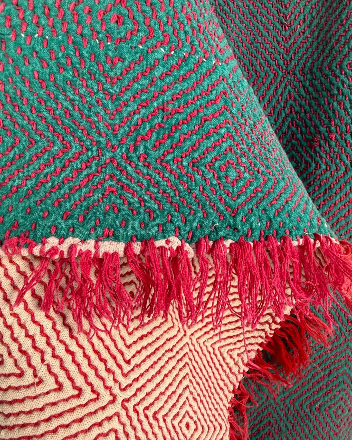 Large Heavy Kantha Blanket Quilt With Lik Phul Stitching In Forest Green and Pink - Biggs & Hill