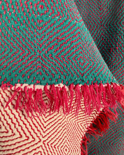 Large Heavy Kantha Blanket Quilt With Lik Phul Stitching In Forest Green and Pink - Biggs & Hill