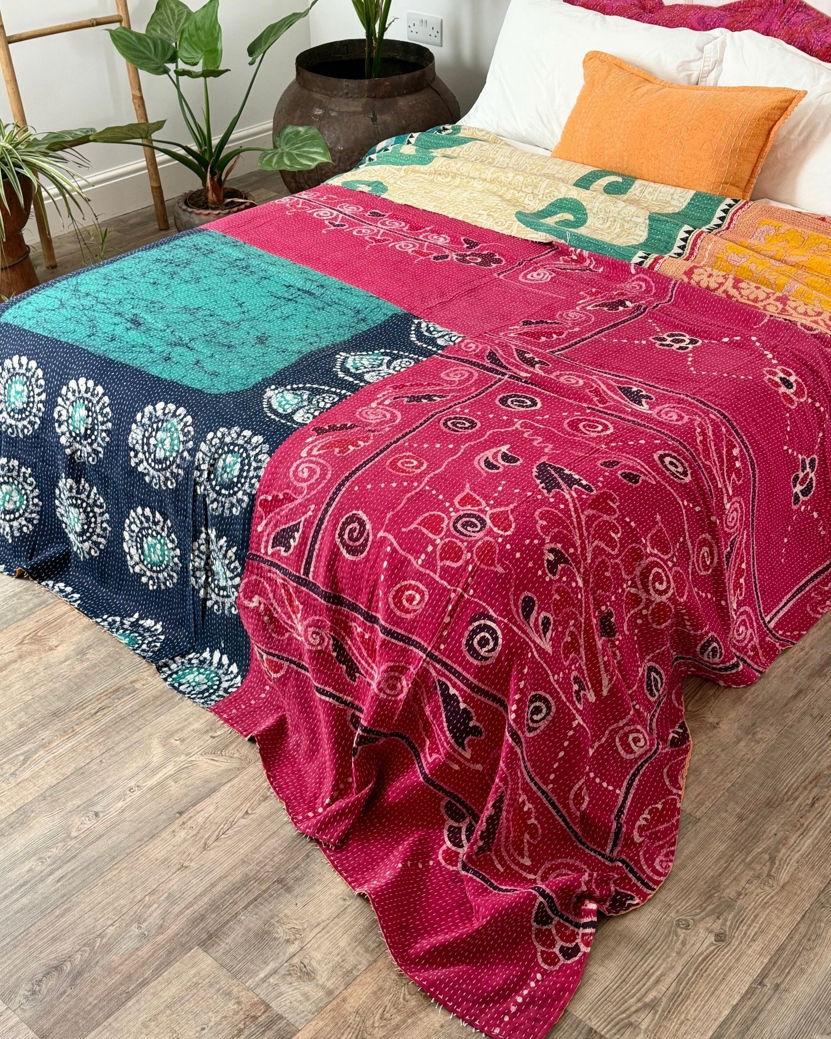 Super King Vintage Kantha Quilt in Pink, Blue and Yellow - Biggs & Hill