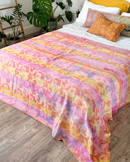 Large Fine Stitched Vintage Kantha Quilt in Pink and Yellow