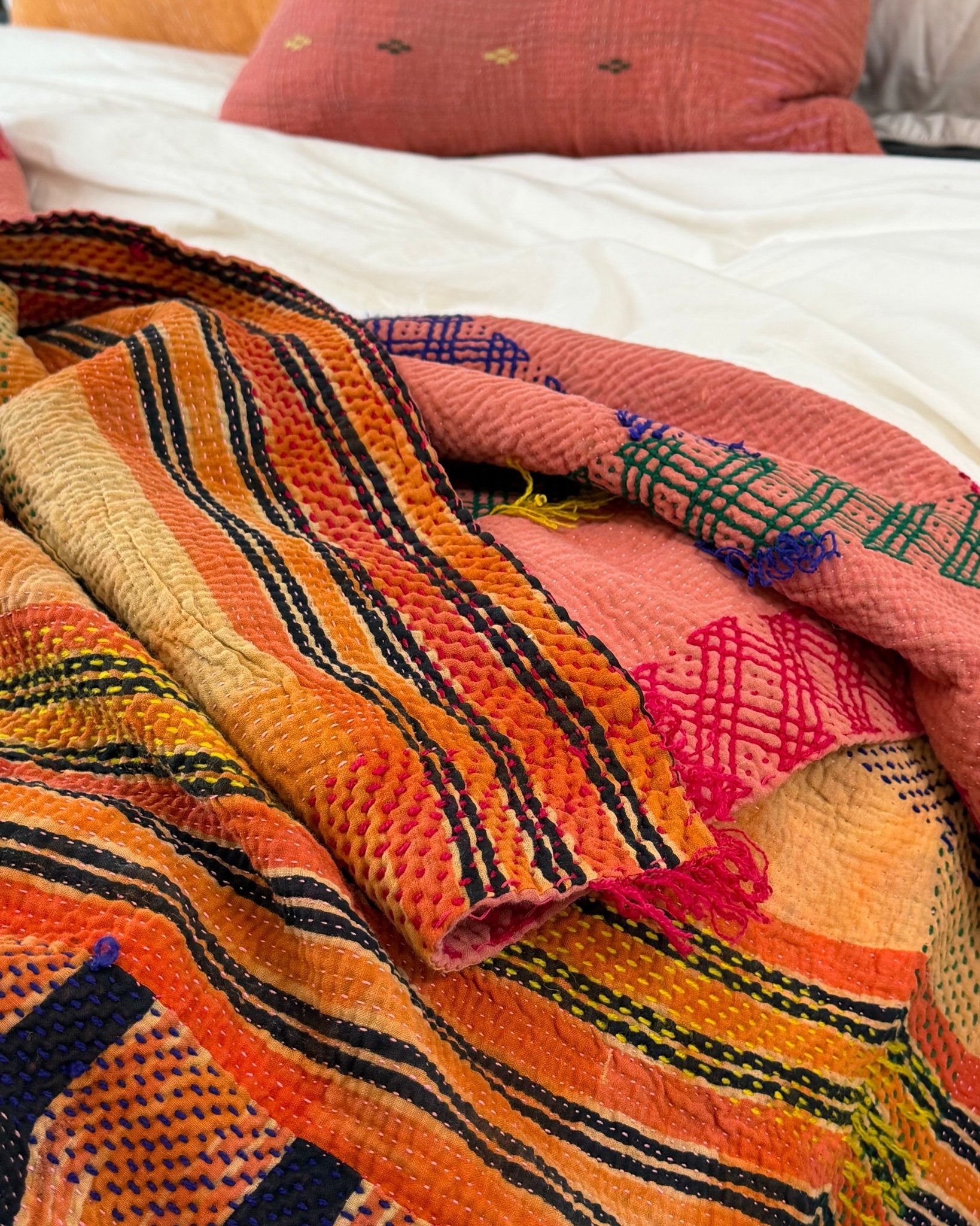 Large Embroidered Vintage Kantha Quilt in Pink and Orange - Biggs & Hill