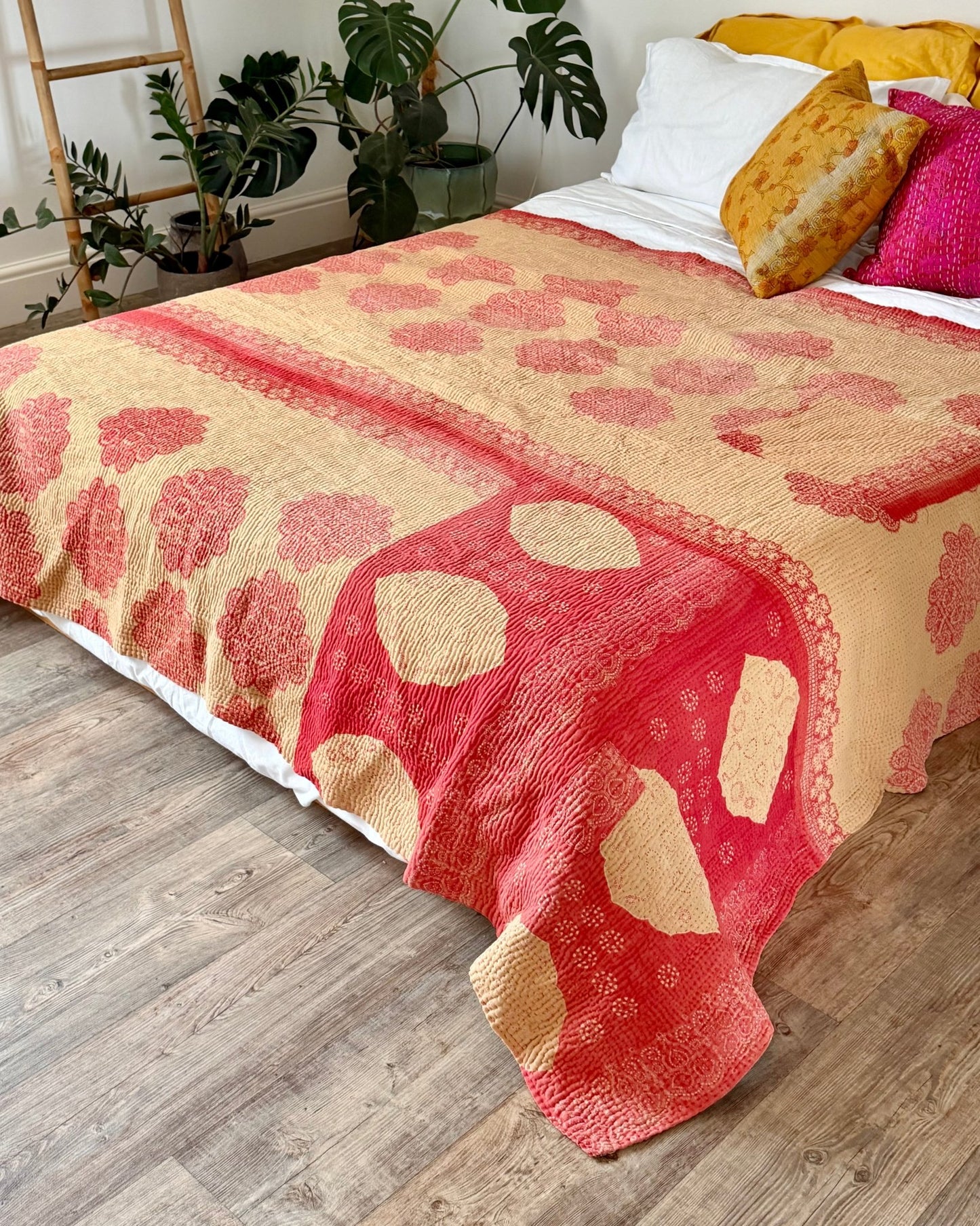 Large Fine Stitched Vintage Kantha Quilt in Pink and Peachy Orange - Biggs & Hill