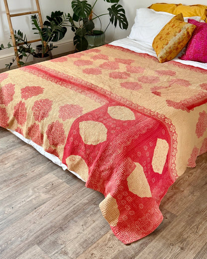 Large Fine Stitched Vintage Kantha Quilt in Pink and Peachy Orange - Biggs & Hill