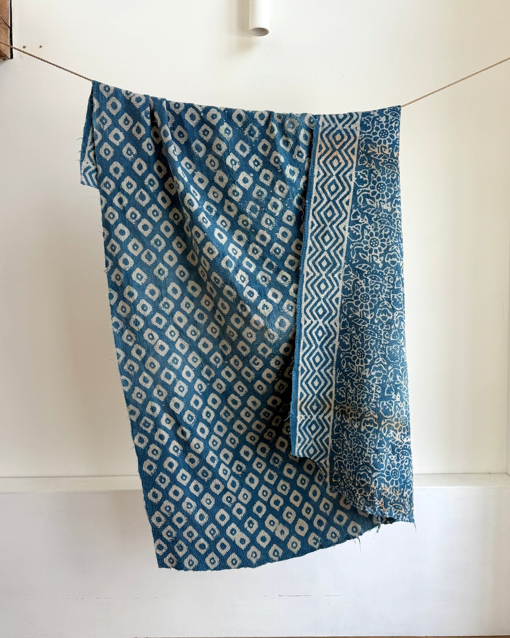 Project Kantha Quilt: Indigo Print With Authentic Aged Texture - Biggs & Hill