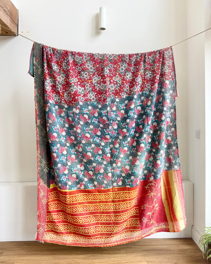 Large Fine Stitched Vintage Kantha Quilt In Emerald Green With Holbein Stitch Border