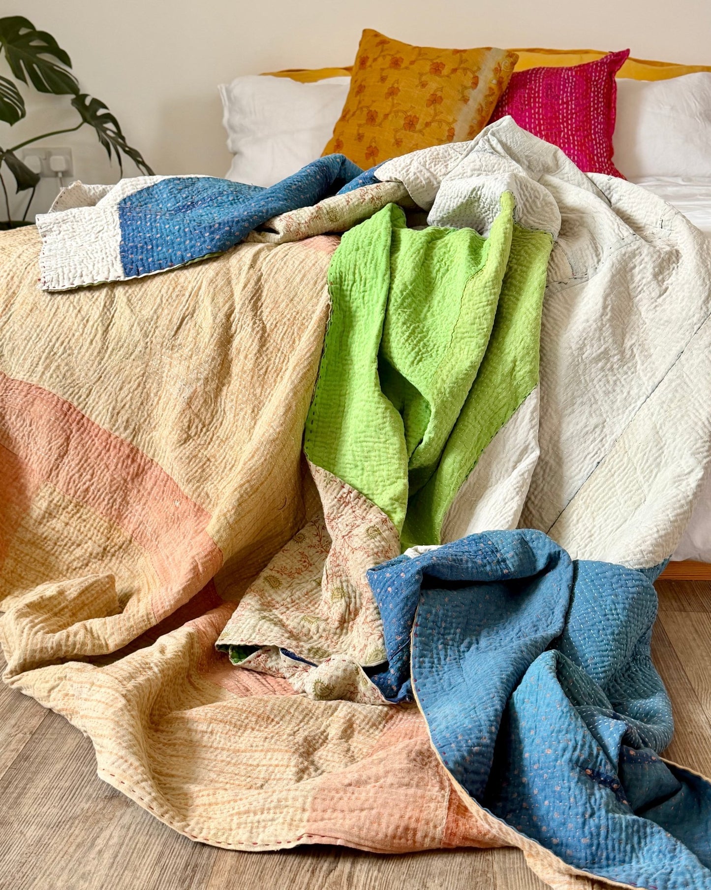 Fine Stitched Vintage Kantha Quilt in Patchwork Blue, White and Green - Biggs & Hill