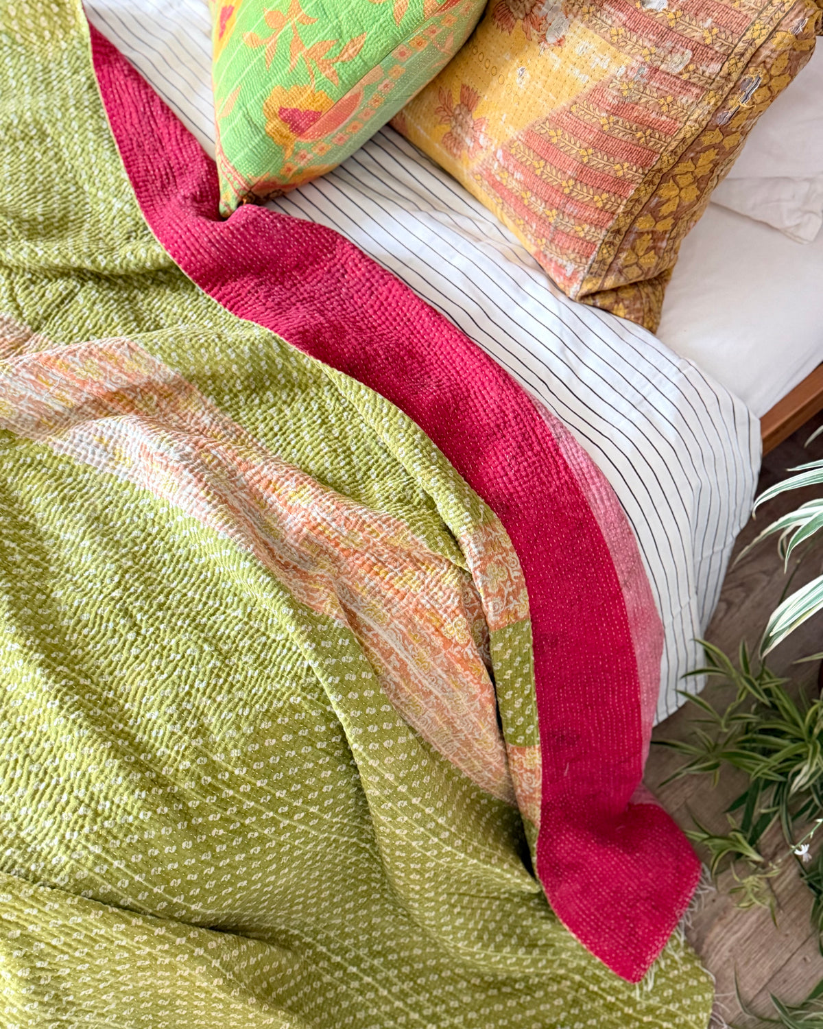 Extra Large Fine Stitched Vintage Kantha Quilt in Pink Stripes and Green