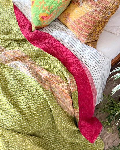 Extra Large Fine Stitched Vintage Kantha Quilt in Pink Stripes and Green