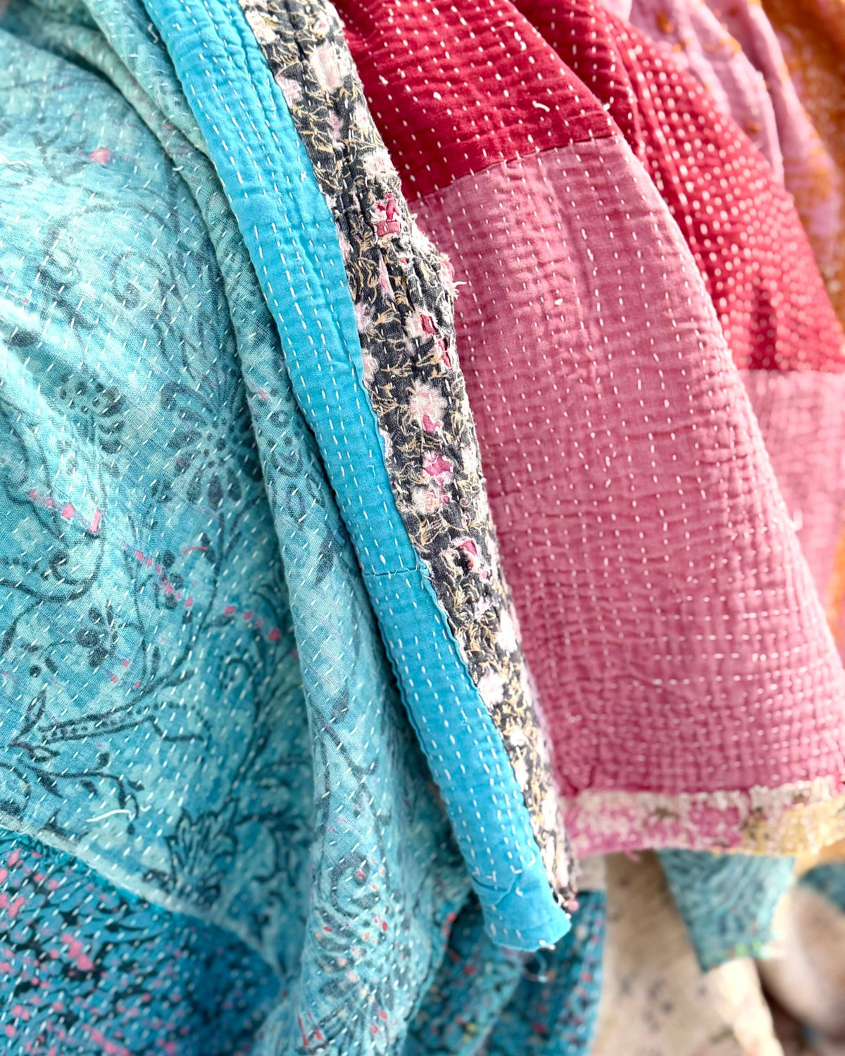 Textured Vintage Kantha Quilt in Patchwork Pink, Orange and Blue - Biggs & Hill