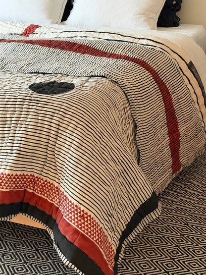 Quilted Kantha With Sun Pattern In Black, White and Red - KING - Biggs & Hill