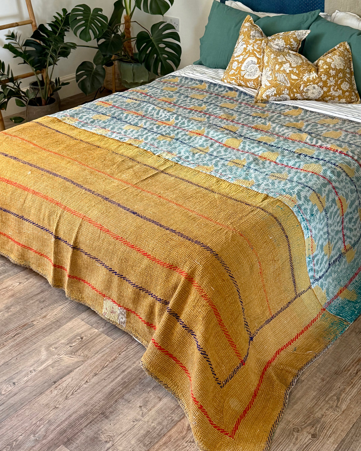Extra Large Fine Stitched Embroidered Vintage Kantha Quilt in Green, Blue and Terracotta