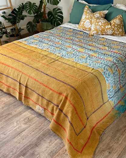 Extra Large Fine Stitched Embroidered Vintage Kantha Quilt in Green, Blue and Terracotta